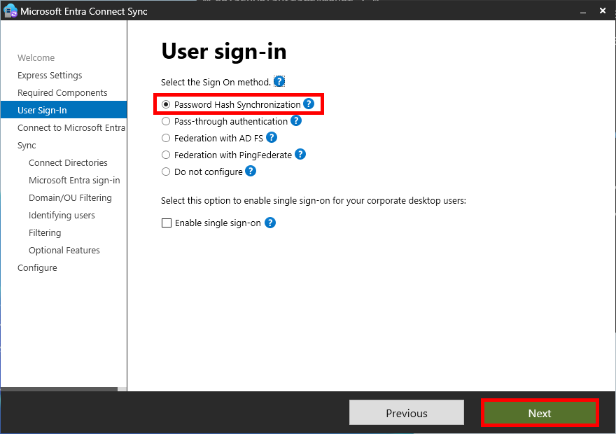 Écran de Microsoft Entra Connect Sync pour les options de connexion des utilisateurs. La méthode sélectionnée est 'Synchronisation des mots de passe par hachage,' mise en surbrillance comme une option préférée pour activer une connexion transparente. Les autres options incluent l'authentification par passage, la fédération avec AD FS et PingFederate. Le bouton 'Suivant' est mis en surbrillance pour continuer.