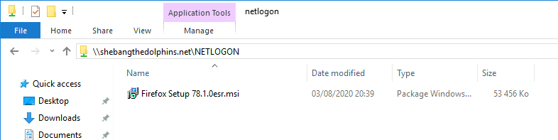 Dossier réseau affichant le fichier d'installation de Firefox ESR dans le partage Netlogon