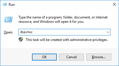 Capture d'écran de la boîte de dialogue Exécuter de Windows avec la commande dsa.msc saisie, montrant des privilèges administratifs.