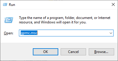 Capture d'écran de la boîte de dialogue Exécuter de Windows avec la commande gpmc.msc saisie, prête à ouvrir la console de gestion des stratégies de groupe.