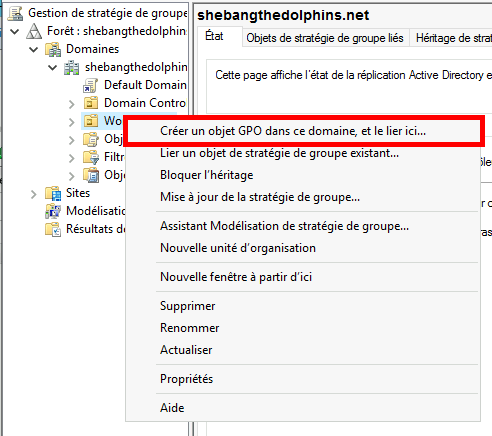 Capture d'écran de la gestion des stratégies de groupe montrant l'option de création et de liaison d'une nouvelle GPO dans le domaine.