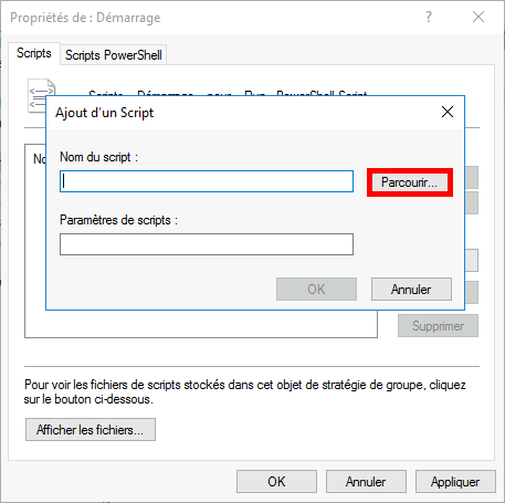 Capture d'écran de la boîte de dialogue Ajouter un script avec une flèche pointant vers le bouton « Parcourir » pour sélectionner un script.