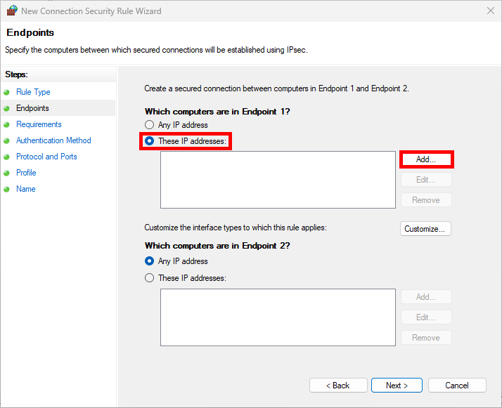 Fenêtre de l'assistant Nouvelle règle de sécurité de connexion, étape Points d'extrémité