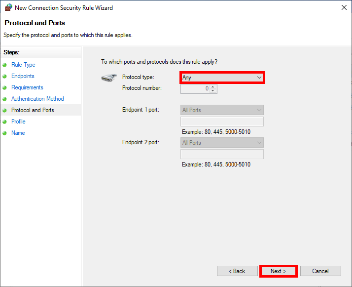Fenêtre de l'assistant Nouvelle règle de sécurité de connexion, étape Protocole et Ports