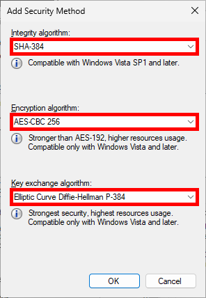 Fenêtre d'ajout de méthode de sécurité de Windows Defender Firewall avec sécurité avancée