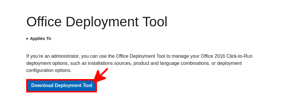 Page de téléchargement de Microsoft Office Deployment Tool affichant le bouton Download Deployment Tool