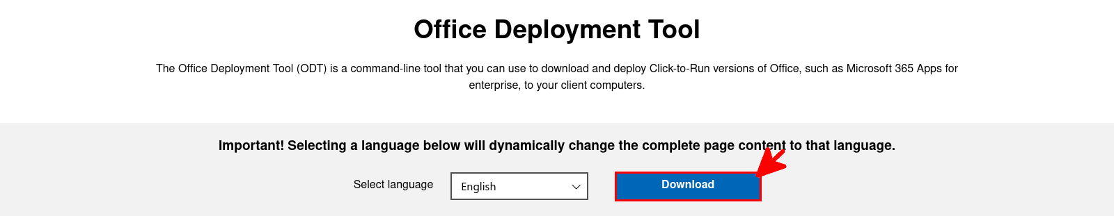 Page de téléchargement d’Office Deployment Tool affichant le menu de sélection de la langue et le bouton Download