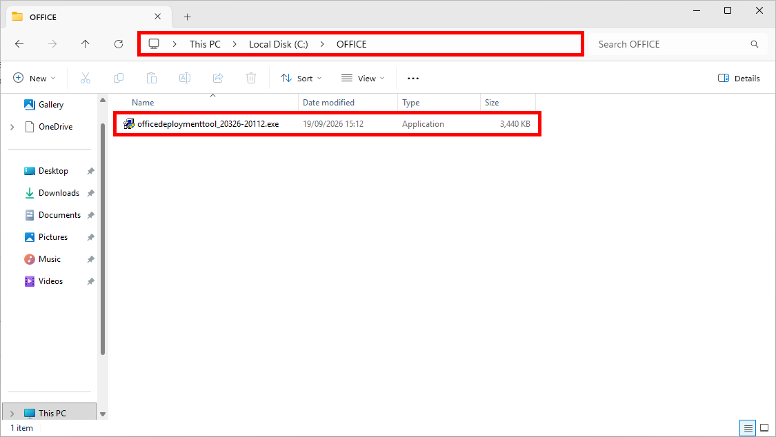 Explorateur de fichiers Windows affichant l’exécutable Office Deployment Tool dans le dossier C:\OFFICE