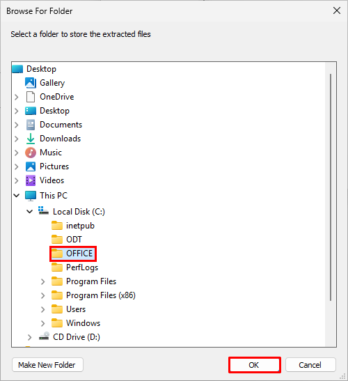 Fenêtre de sélection du dossier d’Office Deployment Tool avec le dossier C:\OFFICE sélectionné et le bouton OK mis en évidence