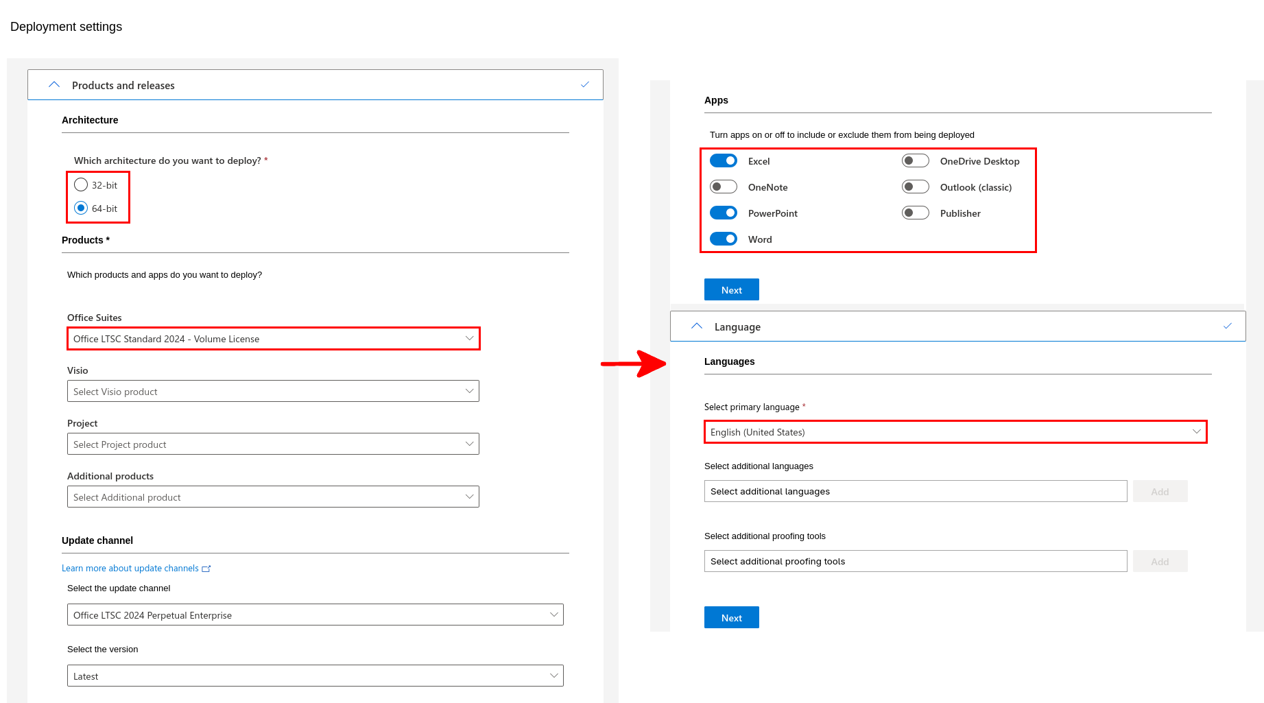Outil Microsoft Office Customization Tool affichant les paramètres de déploiement : architecture, produit, applications et langue