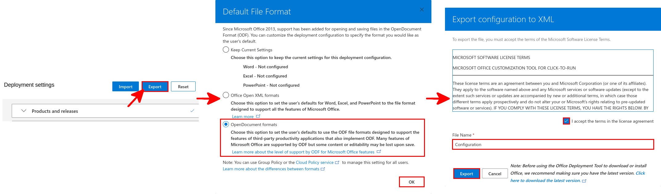 Outil Microsoft Office Customization Tool affichant le bouton Export, le choix du format de fichier par défaut, l’acceptation du contrat de licence et les options d’export XML