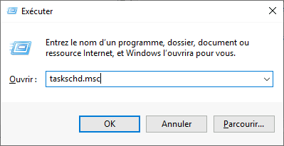 Boîte de dialogue Exécuter sous Windows avec la commande taskschd.msc saisie pour ouvrir le Planificateur de tâches