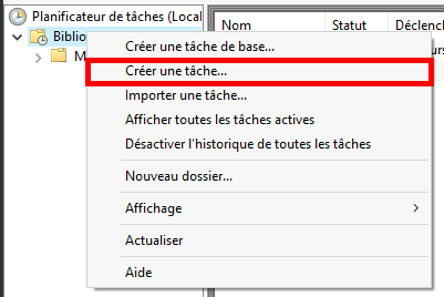 Menu contextuel du Planificateur de tâches Windows avec l'option Créer une tâche sélectionnée.