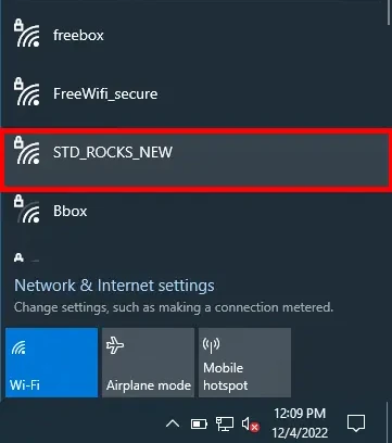 Capture d'écran du menu Wi-Fi de Windows montrant le nouveau réseau Wi-Fi « STD_ROCKS_NEW » en surbrillance, prêt à se connecter.