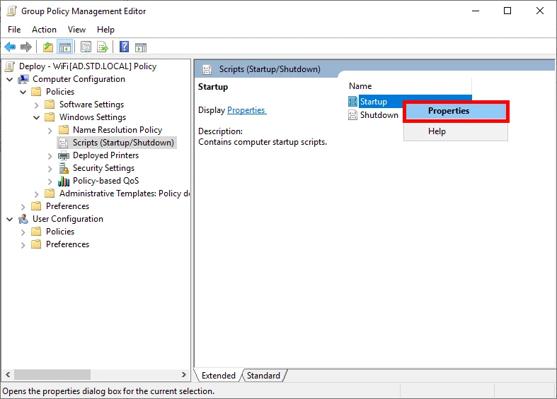 L'éditeur de gestion de la stratégie de groupe affiche la section Scripts de démarrage avec l'option Propriétés en surbrillance pour la configuration des scripts de démarrage.