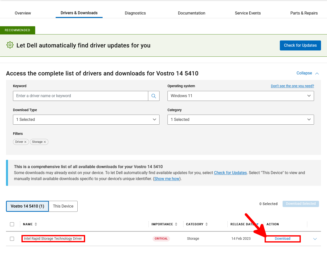 Page de téléchargement du pilote Intel Rapid Storage Technology pour Dell Vostro 14 5410 avec Windows 11 sélectionné comme système d'exploitation