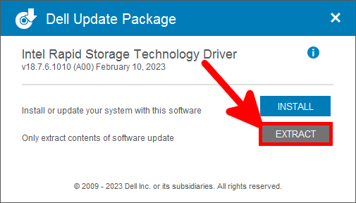 Package de mise à jour Dell du pilote Intel Rapid Storage Technology avec l'option d'extraction mise en évidence