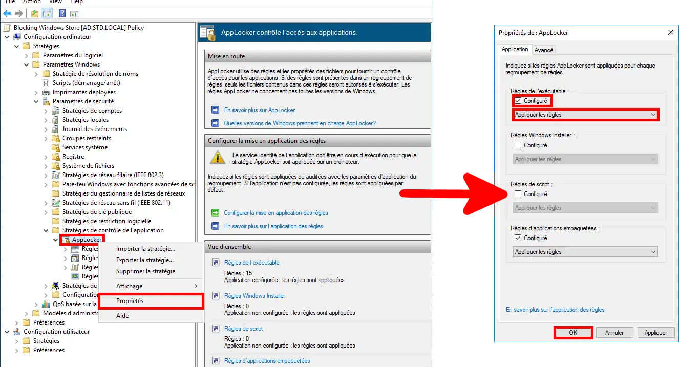 Activation de l’application des règles AppLocker pour les exécutables dans la GPO