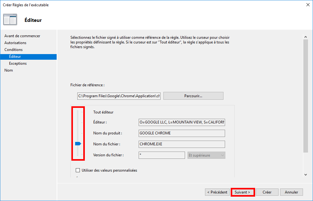 Configuration de la règle d’éditeur AppLocker pour cibler toutes les versions de chrome.exe