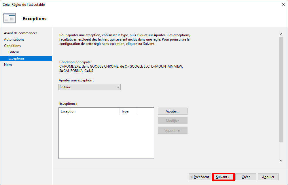 Poursuite de la configuration de la règle AppLocker sans ajouter d’exception
