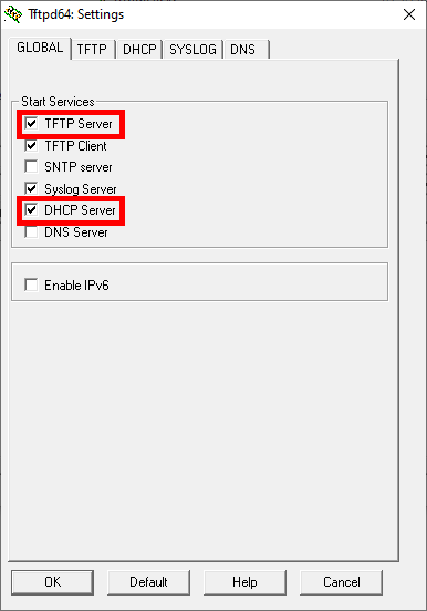 Fenêtre de paramétrage de Tftpd64 montrant les options TFTP Server et DHCP Server cochées pour activer les deux services.