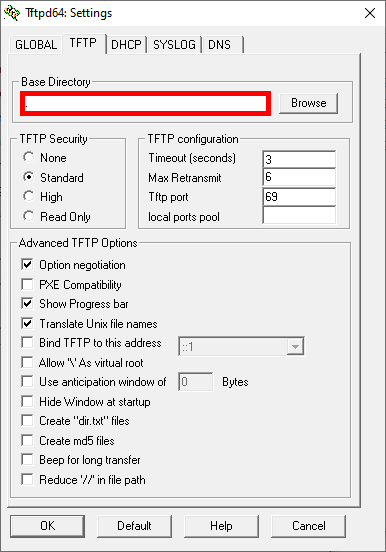 Fenêtre des paramètres Tftpd64 affichant les options de configuration TFTP, y compris la sélection du chemin d'accès au répertoire de base et les paramètres de sécurité.