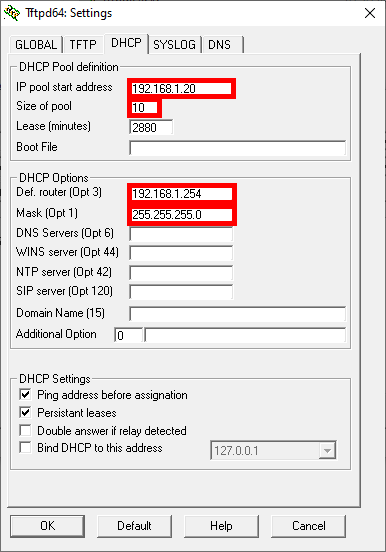 Fenêtre des paramètres DHCP de Tftpd64 montrant l'adresse de départ du pool IP, le masque de sous-réseau, la passerelle par défaut et la configuration des options DHCP.