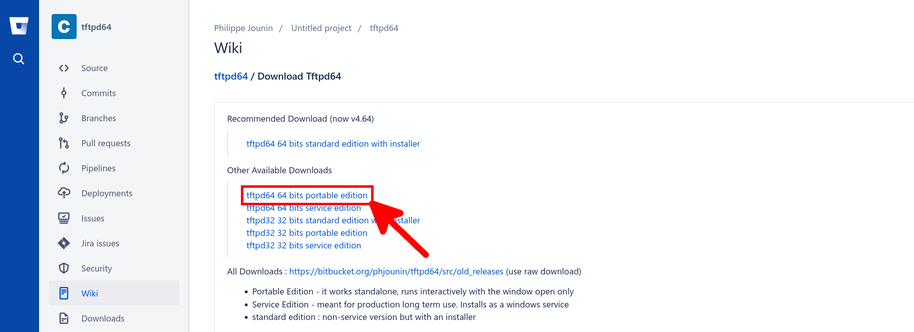 Capture d'écran de la page de téléchargement de Tftpd64 sur Bitbucket, mettant en évidence l'option d'édition portable 64 bits.