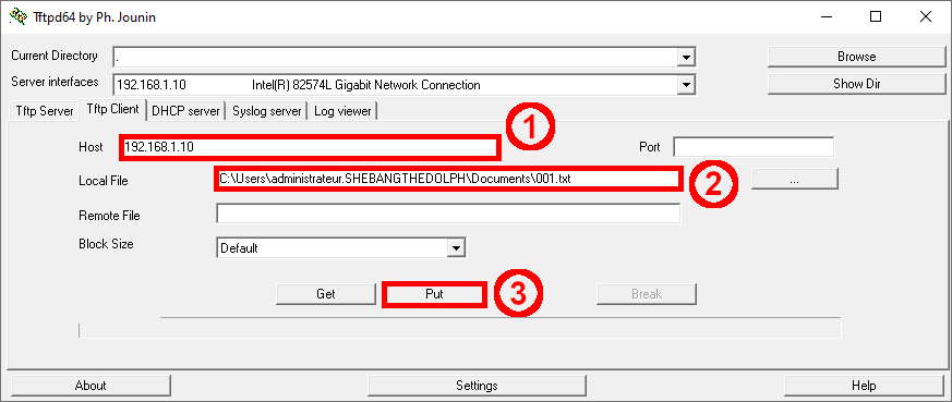 Interface du client TFTP Tftpd64 montrant l'adresse IP de l'hôte, le chemin d'accès au fichier local et le bouton « Put » mis en évidence pour le téléchargement d'un fichier.