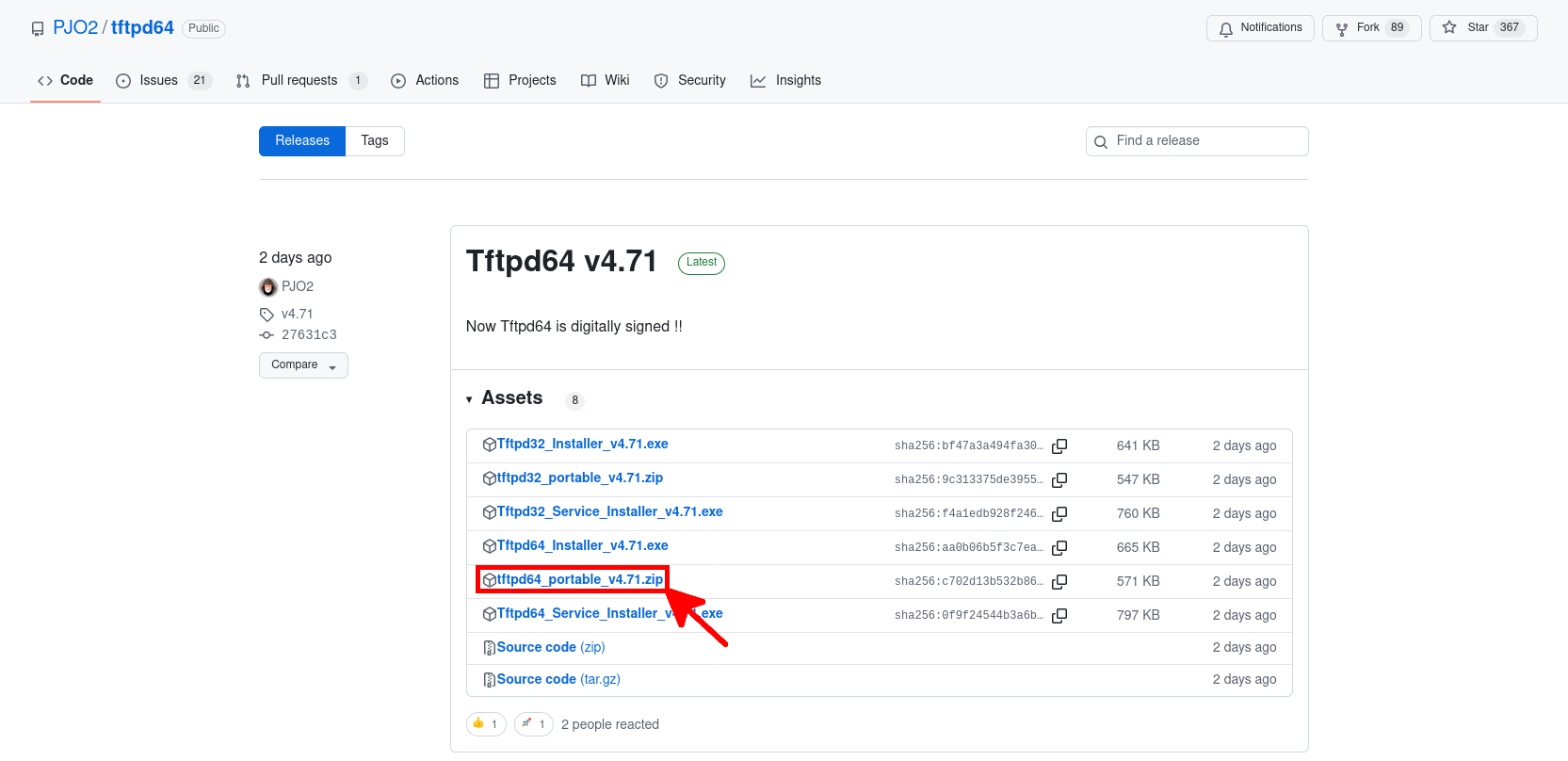Page de publication GitHub affichant la dernière version Tftpd64 v4.71, avec le fichier tftpd64_portable_v4.71.zip mis en évidence pour le téléchargement.