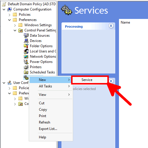 
Capture d'écran de l'éditeur de gestion de stratégie de groupe montrant les étapes de création d'un nouveau service pour activer WinRM sous Configuration de l'ordinateur.