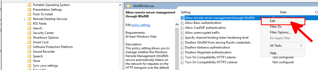 L'éditeur de stratégie de groupe montre l'option permettant d'autoriser la gestion du serveur à distance via WinRM, l'option Modifier étant mise en surbrillance.