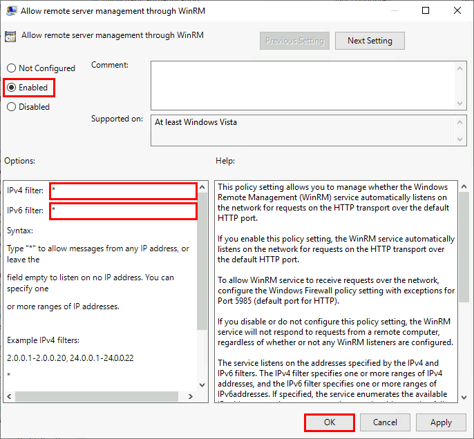 Boîte de dialogue des paramètres de stratégie de groupe montrant la configuration pour permettre la gestion à distance via WinRM avec les filtres IPv4 et IPv6 définis pour autoriser toutes les adresses.