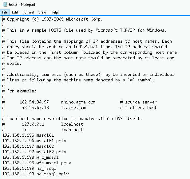 Notepad ouver sur C:\Windows\System32\drivers\etc\hosts