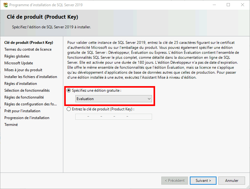 MSSQL | Programme d'installation de SQL Server 2019, Spécifier une édition gratuite