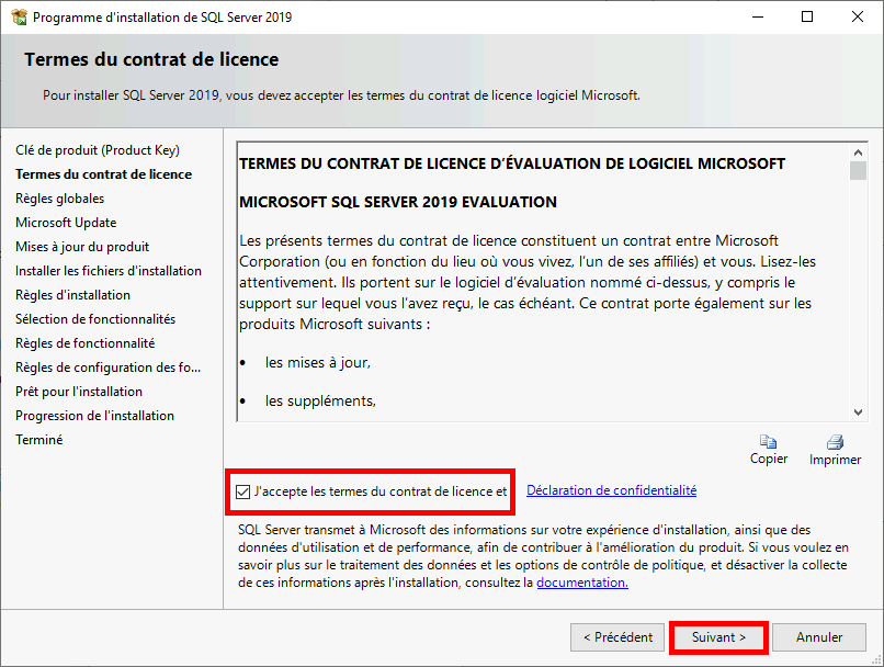 MSSQL | Programme d'installation de SQL Server 2019, Termes du contrat de licence