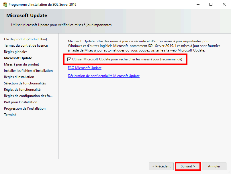 MSSQL | Programme d'installation de SQL Server 2019, Microsoft Update