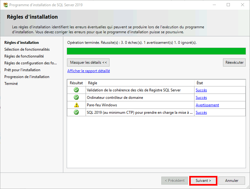 MSSQL | Programme d'installation de SQL Server 2019, Règles d'installation