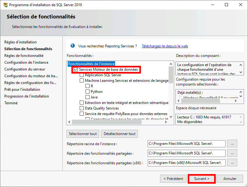 MSSQL | Programme d'installation de SQL Server 2019, Sélection de fonctionnalités.