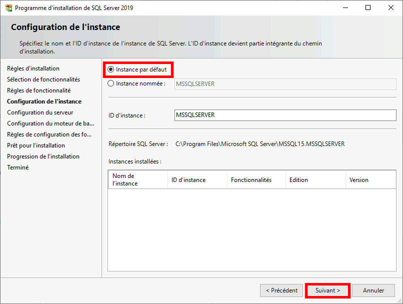 MSSQL | Programme d'installation de SQL Server 2019, Configuration de l'instance.