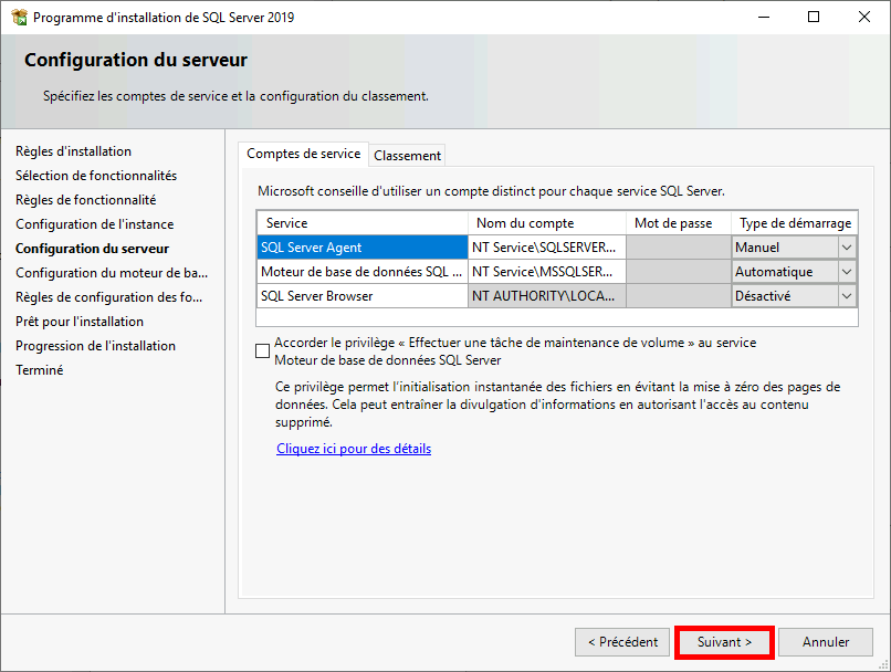 MSSQL | Programme d'installation de SQL Server 2019, Spécifiez les comptes de service.