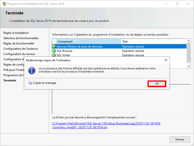 MSSQL | Programme d'installation de SQL Server 2019, Redémarrage requis