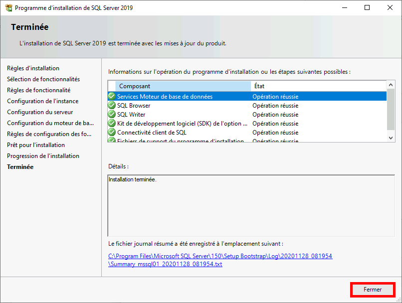 MSSQL | Programme d'installation de SQL Server 2019, Terminée