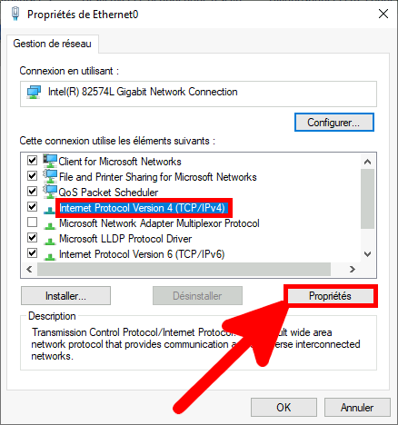 Windows | Propriétés de l'ethernet 0.