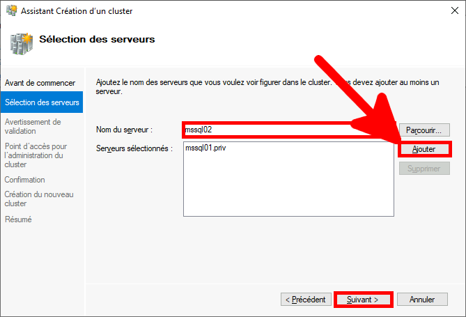 Windows | Assistant création de cluster, sélection des serveurs.