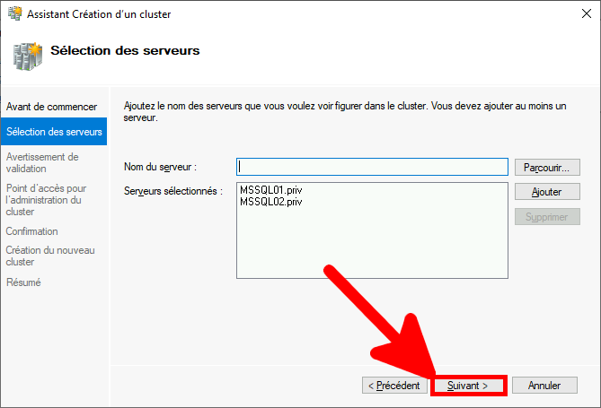 Windows | Assistant création de cluster, sélection des serveurs.