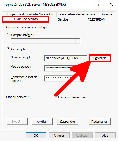 MSSQL | SQL Server Configuration Manager, propriétés de SQL Server, compte de session.