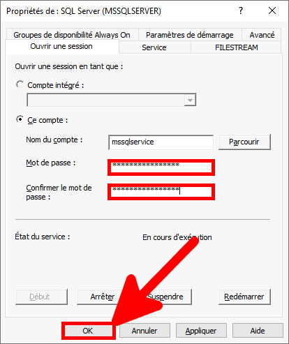 MSSQL | SQL Server Configuration Manager, propriétés de SQL Server, compte de session.