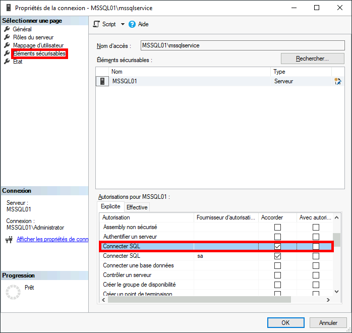 MSSQL Management Studio | Propriétés de la connexion, Éléments sécurisables