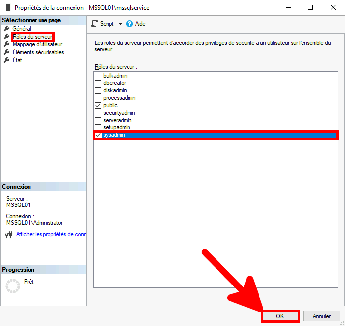 MSSQL Management Studio | Propriétés de la connexion,Rôles du serveur.